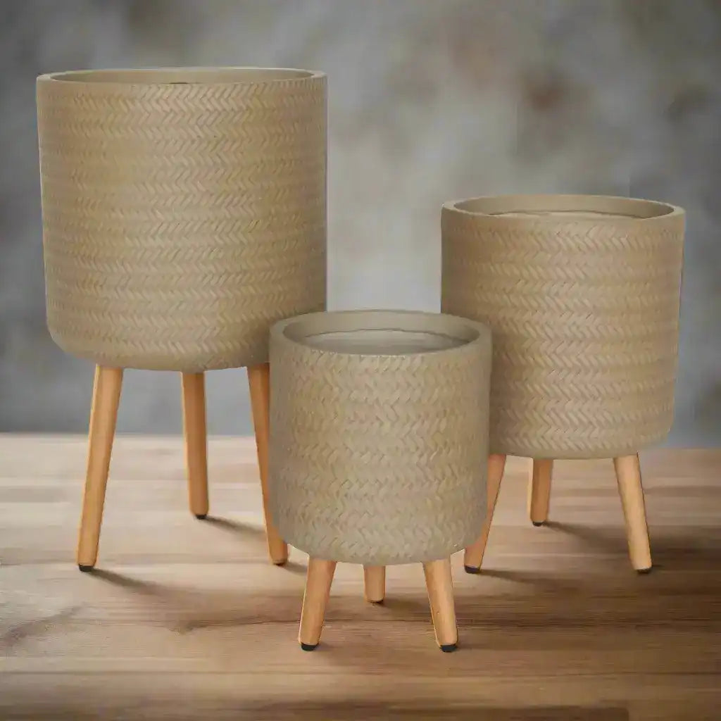 Bamboo Tripod Indoor Pot w Timber Legs - Sandy Beach - Australian Landscape Supplies