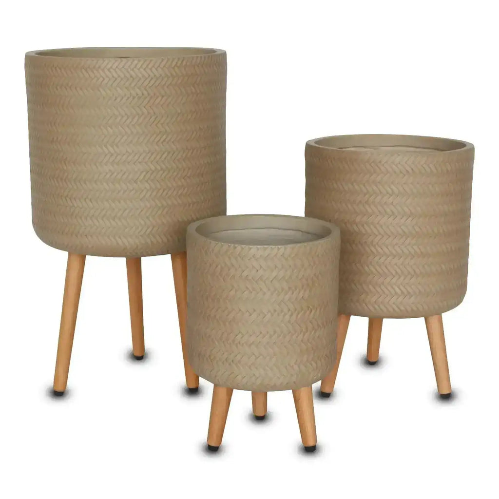 Bamboo Tripod Indoor Pot w Timber Legs - Sandy Beach - Australian Landscape Supplies