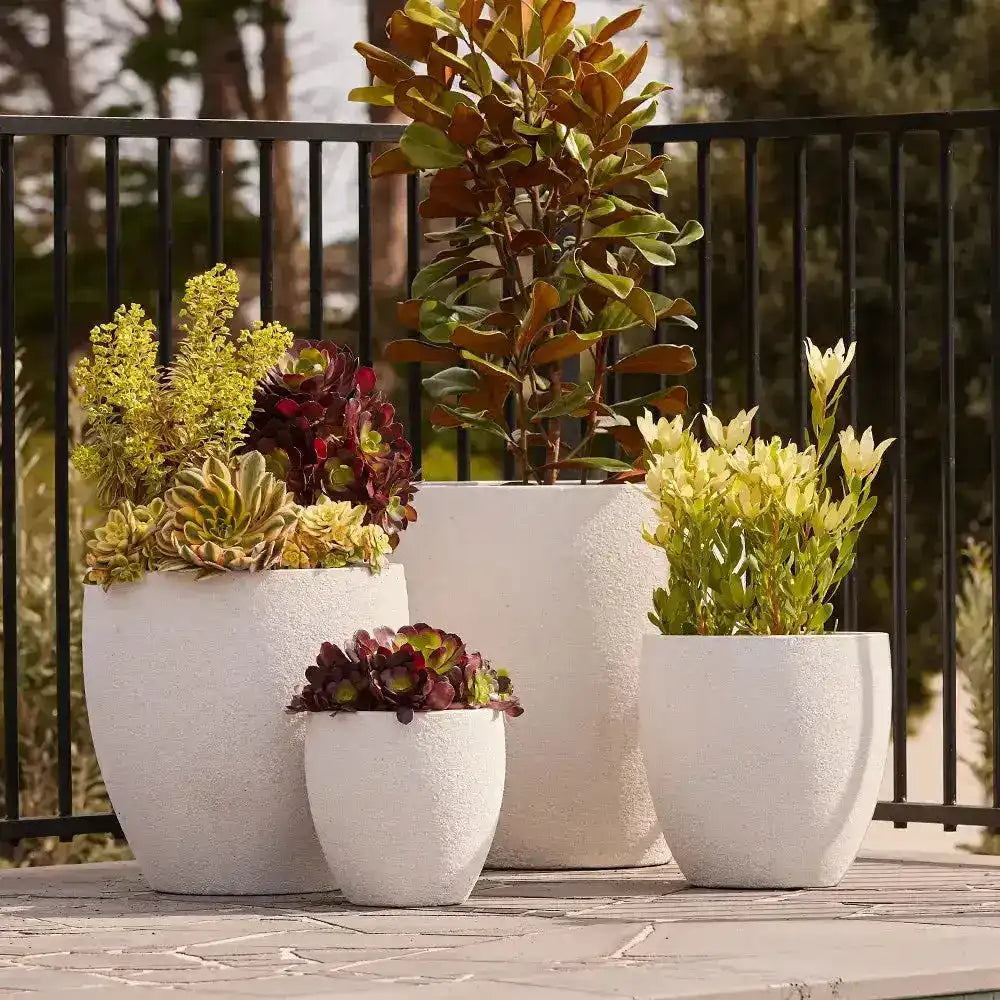 Montague Lightweight Fibreglass Egg Pot - White Stone - Australian Landscape Supplies