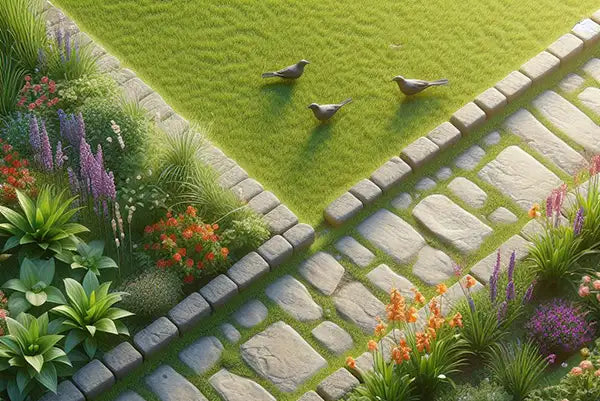 Stone Edging in a Garden with Birds in the Grass