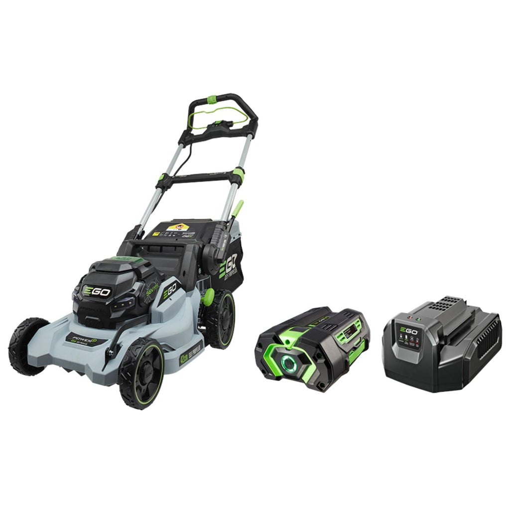 Lawn mower with two batteries on a white background
