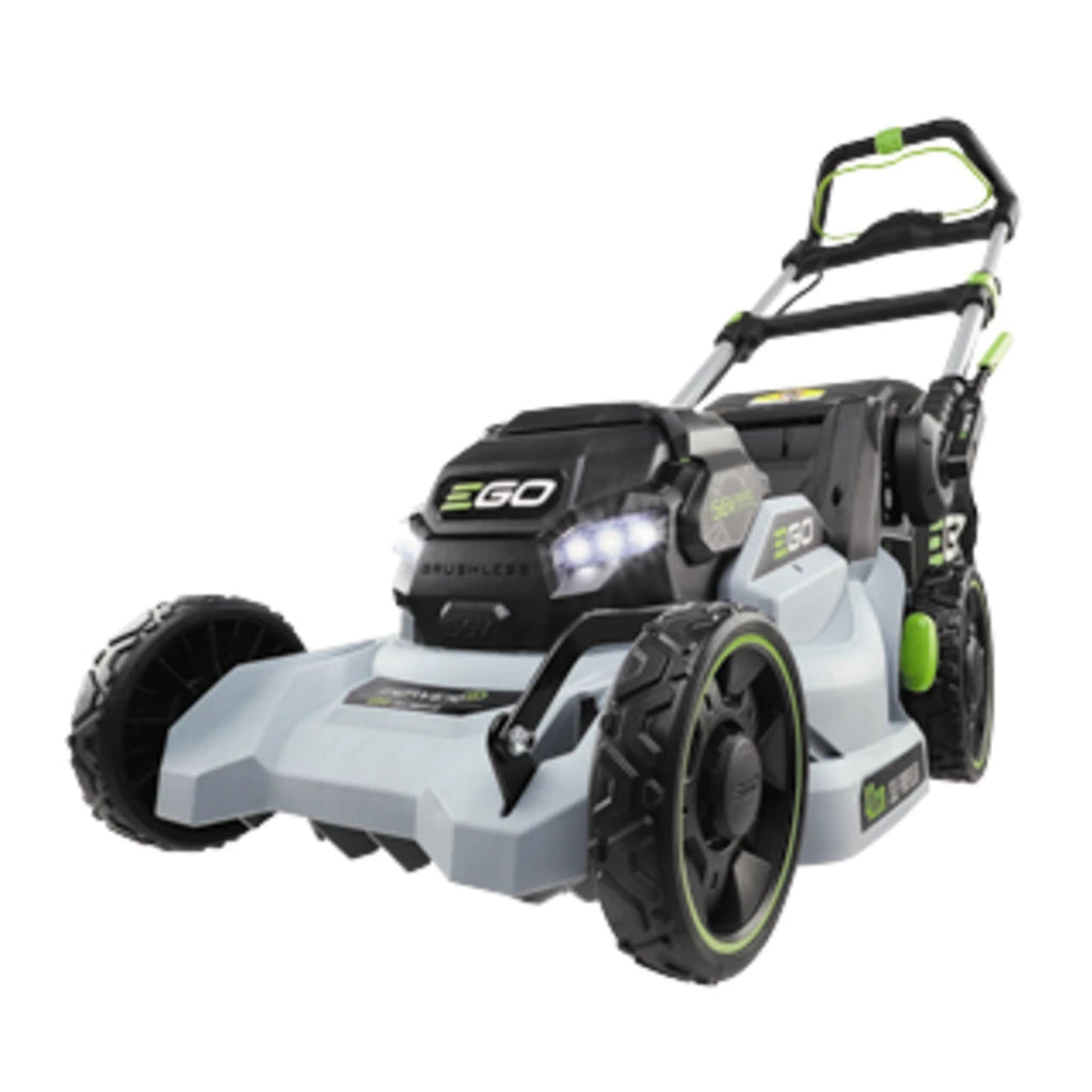 Electric lawn mower with EGO branding on a white background
